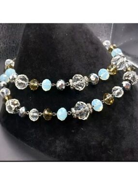 Trifari Marked 2 Strand Blue Clear Glass Beaded Silvertone Statement Necklace